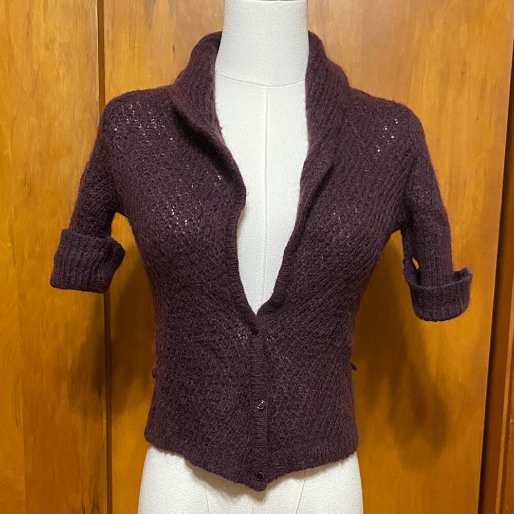 Express Deep Purple Mohair Wool Knit Cardigan Sweater Short Sleeve Shrug